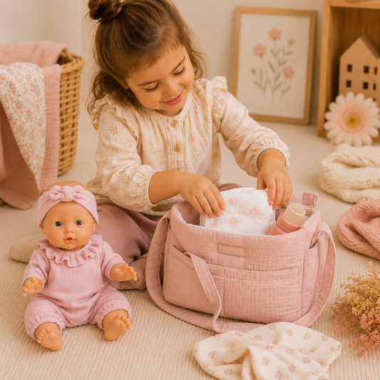 Enfant jouant avec un sac à langer poupée Bobble rose Wookids dans une chambre douce