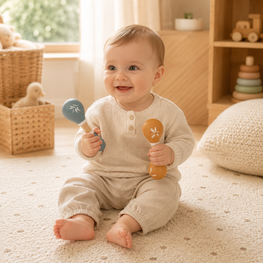 Bébé assis sur un tapis doux en train de jouer avec des maracas en bois Speedy Monkey dans une chambre bébé lumineuse.