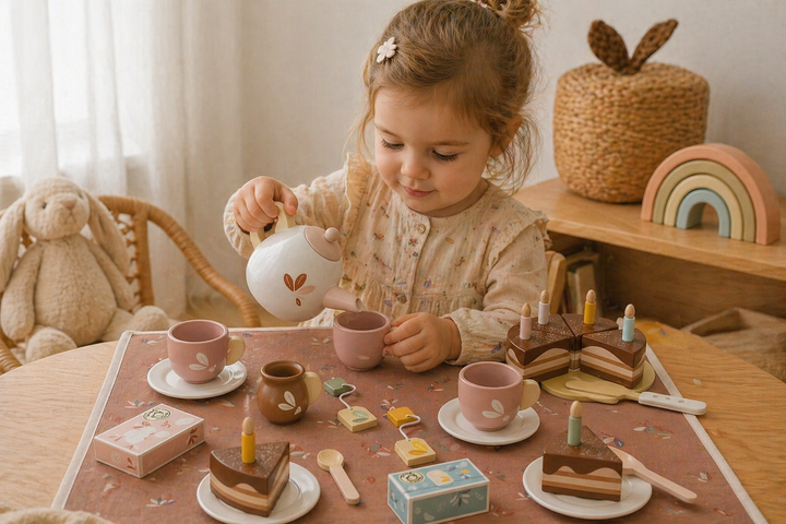 Petite fille jouant avec un service à thé en bois Speedy Monkey lors d’un moment de jeu d’imitation dans une chambre douce et lumineuse.
