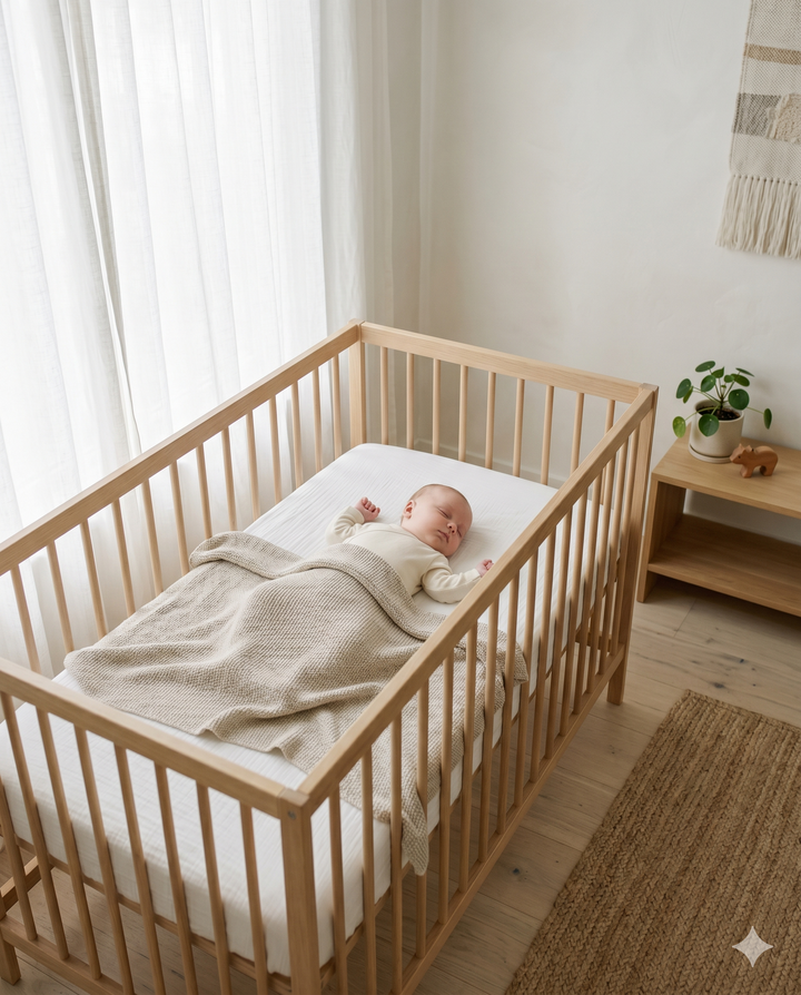bébé endormi dans un lit en bois clair ambiance douce et lumineuse