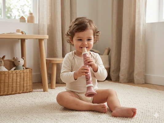 Enfant assis sur un tapis doux en train de jouer avec une trompette en bois Speedy Monkey dans une chambre d’enfant lumineuse.