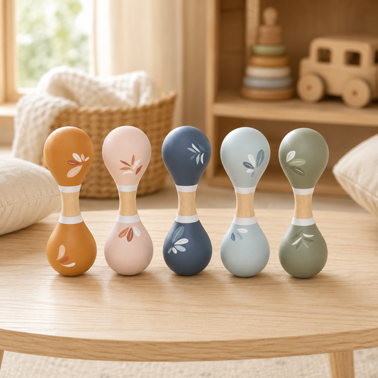 Maracas bébé en bois Speedy Monkey posées sur une table en bois clair dans une chambre bébé douce et lumineuse.