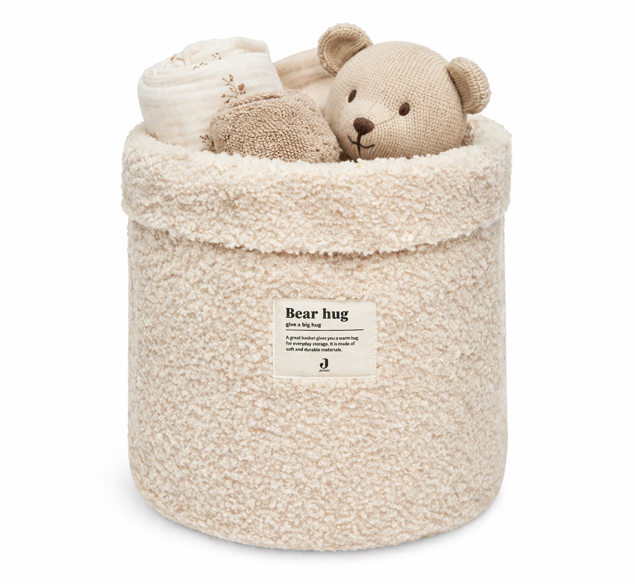 Panier de rangement bébé bouclé naturel Jollein avec doudou et linge – rangement chambre bébé doux et pratique