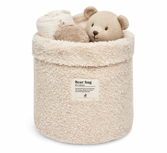 Panier de rangement bébé bouclé naturel Jollein avec doudou et linge – rangement chambre bébé doux et pratique