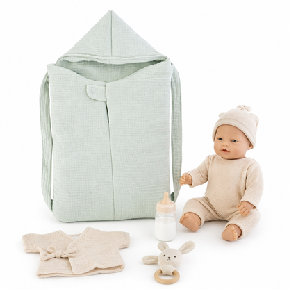 Sac à dos porte-poupon Bobble vert Wookids avec poupon et accessoires de jeu d’imitation.