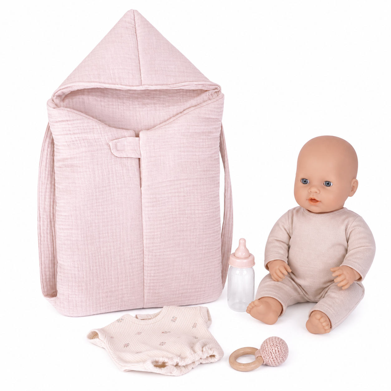 Sac à dos porte-poupon Bobble rose Wookids avec poupon et accessoires de jeu d’imitation.