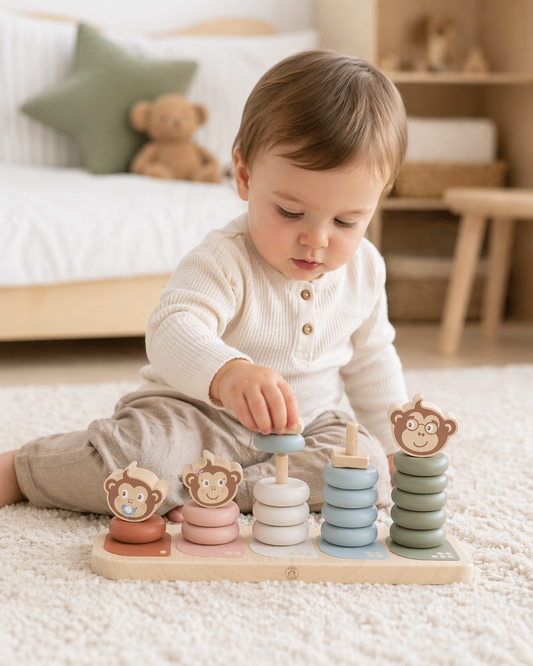 Bébé assis sur un tapis doux en train de jouer avec le jeu à empiler en bois La Famille Singe Speedy Monkey dans une chambre d’enfant.