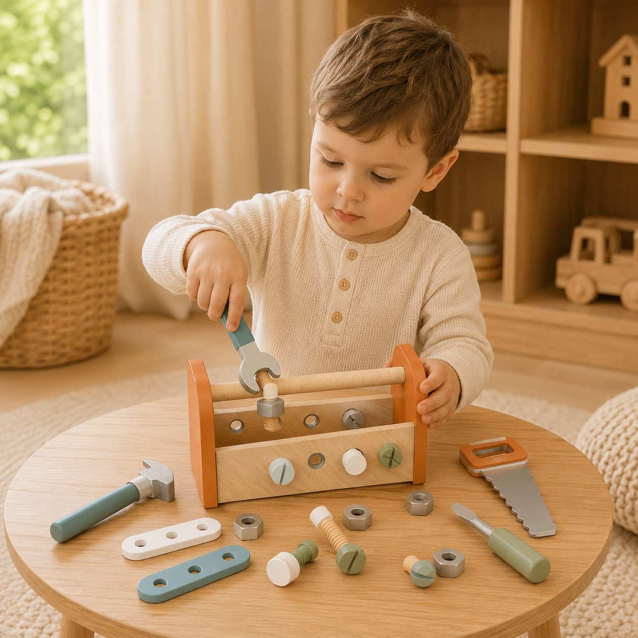 Enfant jouant avec un établi de bricolage en bois 2-en-1 Speedy Monkey dans une chambre d’enfant lumineuse.
