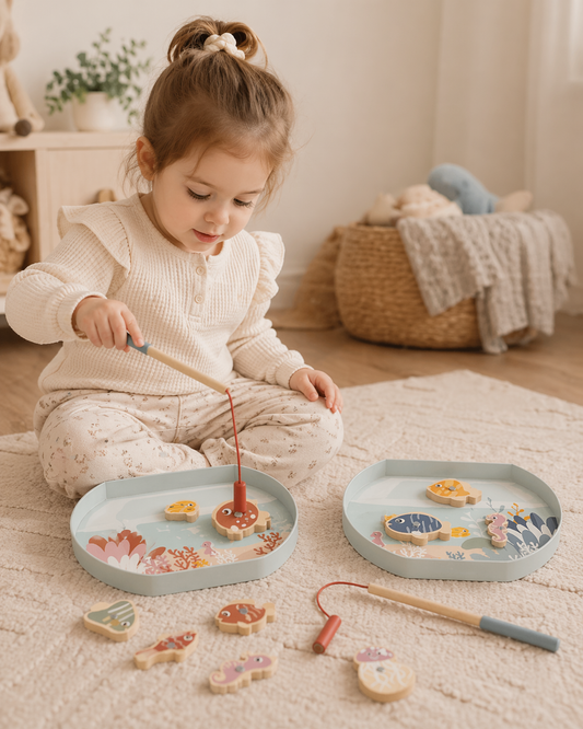 Enfant assis sur un tapis doux en train de jouer avec le jeu de pêche magnétique en bois Speedy Monkey dans une chambre lumineuse.
