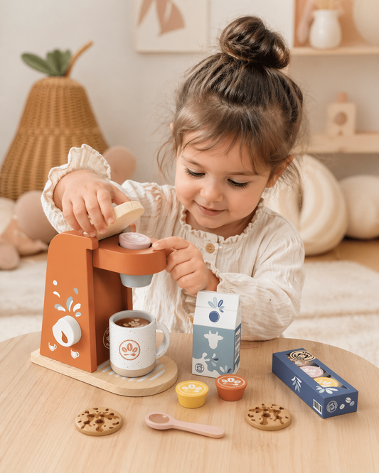 Enfant jouant avec une machine à café jouet en bois Speedy Monkey dans une chambre d’enfant douce et lumineuse.