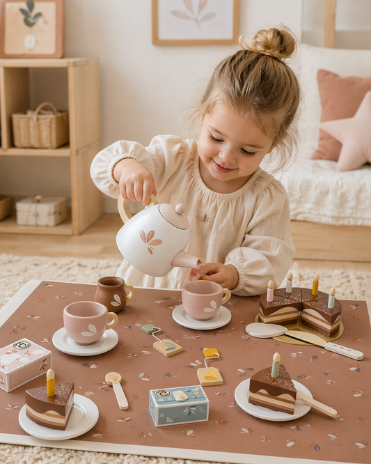 Enfant jouant avec un service à thé en bois Speedy Monkey dans une chambre d’enfant douce et lumineuse, autour d’un goûter imaginaire.