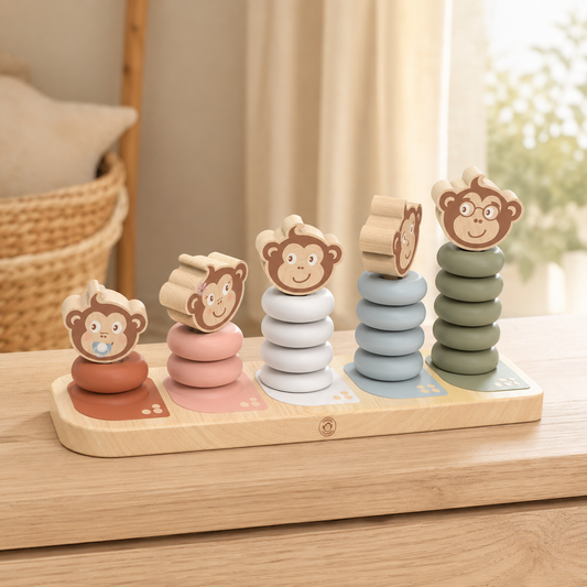 Jeu à empiler en bois La Famille Singe Speedy Monkey posé sur une commode en bois clair dans une chambre bébé douce et lumineuse.