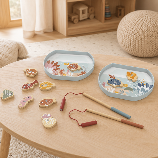 Jeu de pêche magnétique en bois Speedy Monkey posé sur une table en bois clair dans une chambre enfant douce et lumineuse.