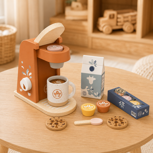 Machine à café jouet en bois Speedy Monkey posée sur une table en bois clair dans une chambre d’enfant douce et lumineuse.