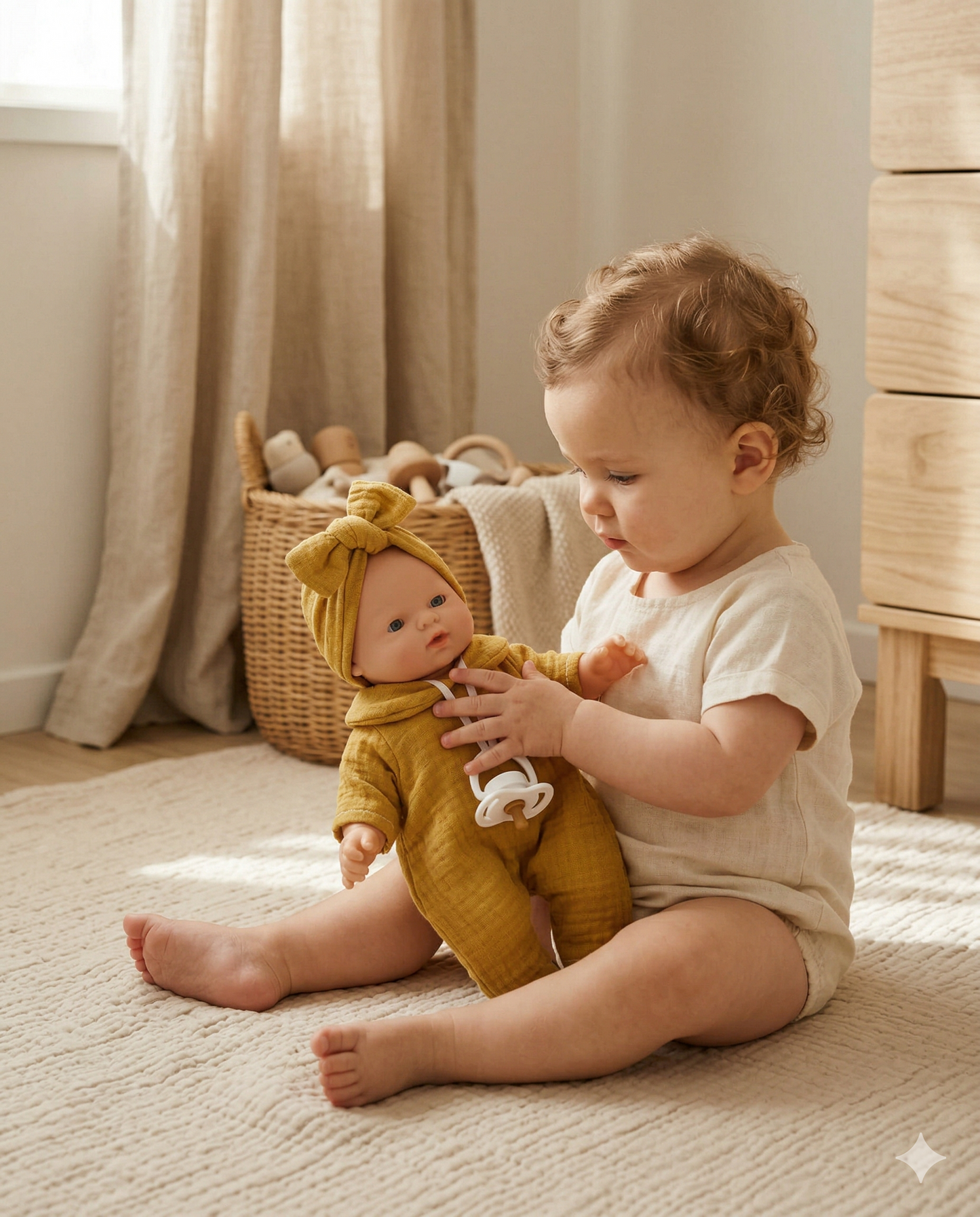 Enfant jouant avec la poupée bébé Nina moutarde dans une chambre douce aux tons naturels