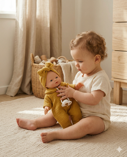 Enfant jouant avec la poupée bébé Nina moutarde dans une chambre douce aux tons naturels