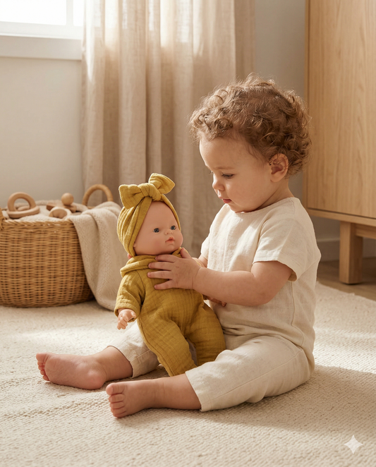 Enfant assis sur un tapis jouant avec la poupée bébé Nina moutarde dans une chambre douce et naturelle