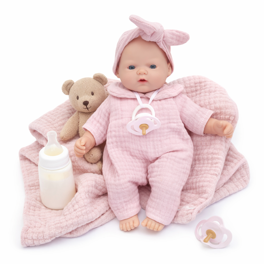 Poupée bébé Nina rose Wookids en coton bio sur fond blanc, avec tétine et tenue rose