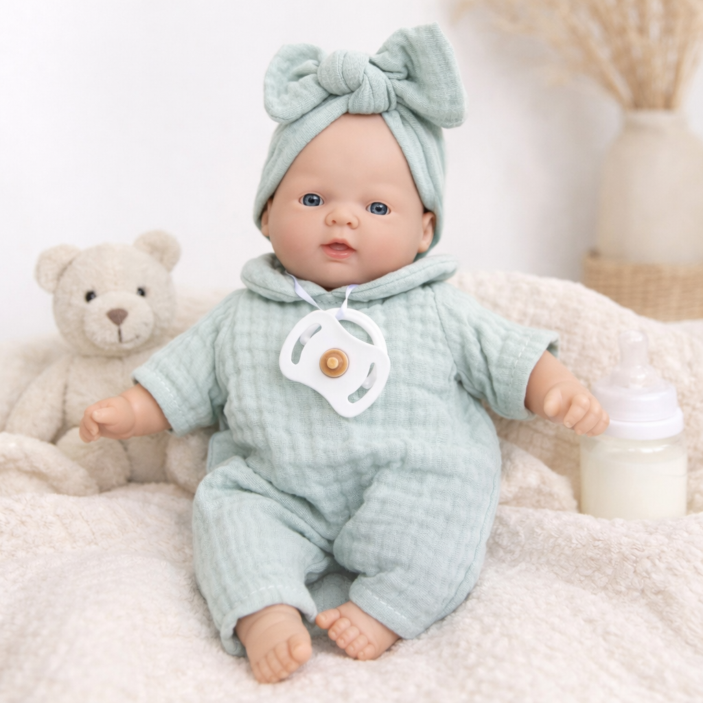 Poupée bébé Nina verte assise sur un plaid crème avec ours en peluche et biberon dans une ambiance douce