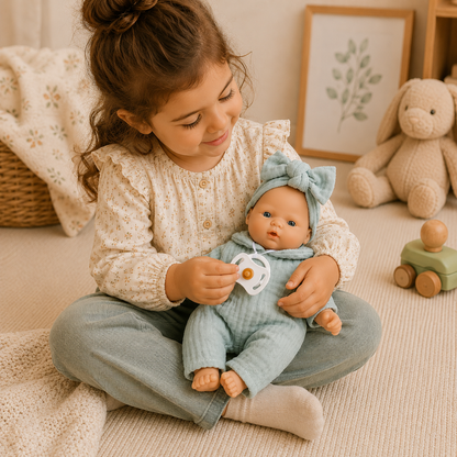 Enfant jouant avec la poupée Nina Bobble bleu vert Wookids dans une chambre douce