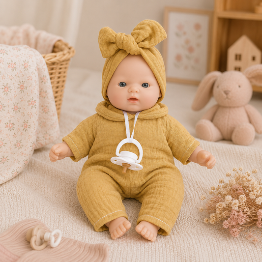 Poupée Nina Bobble moutarde 26 cm Wookids dans une chambre douce pour enfant