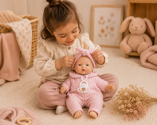 Enfant jouant avec la poupée Nina Bobble rose Wookids dans une chambre douce