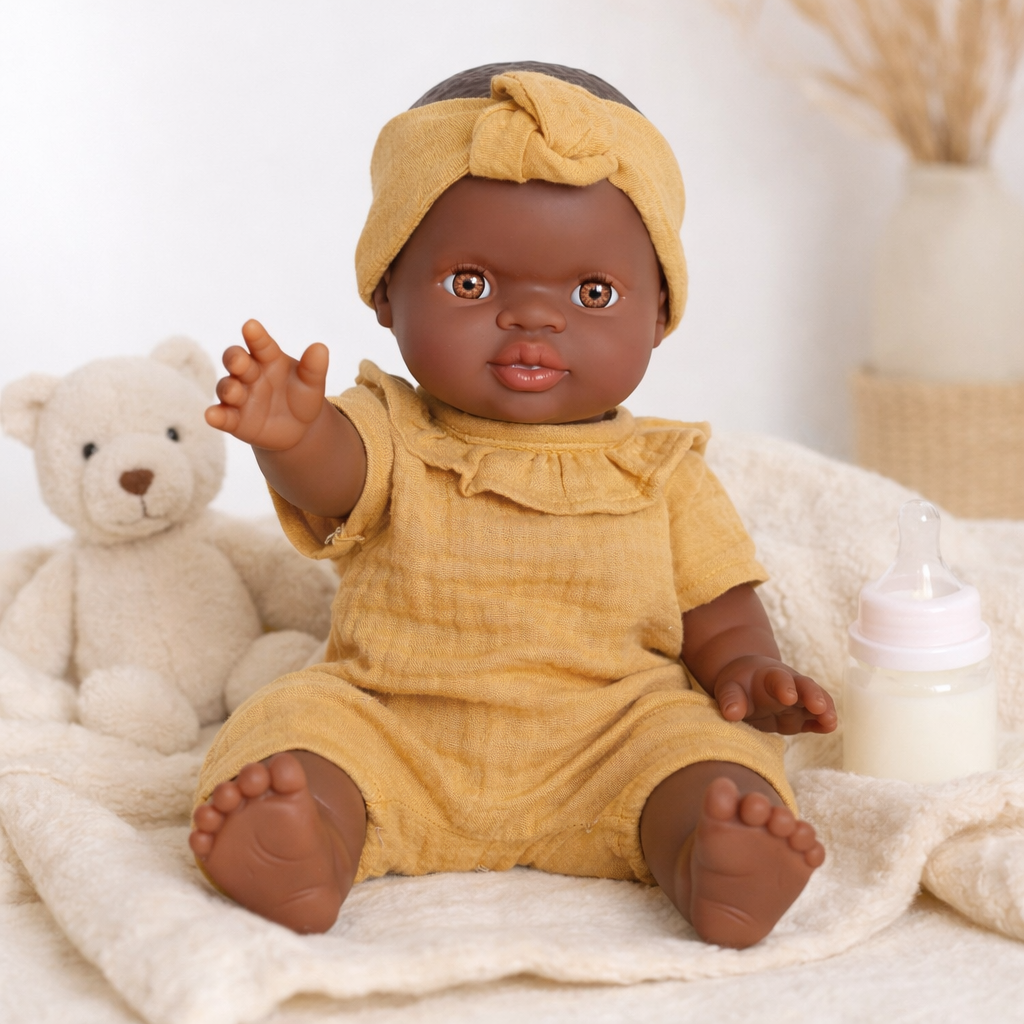 Poupée Noah moutarde assise sur un plaid crème avec ours en peluche et biberon dans une ambiance douce