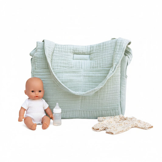 Sac à langer pour poupée Bobble bleu vert Wookids avec poupée et accessoires de jeu d’imitation.
