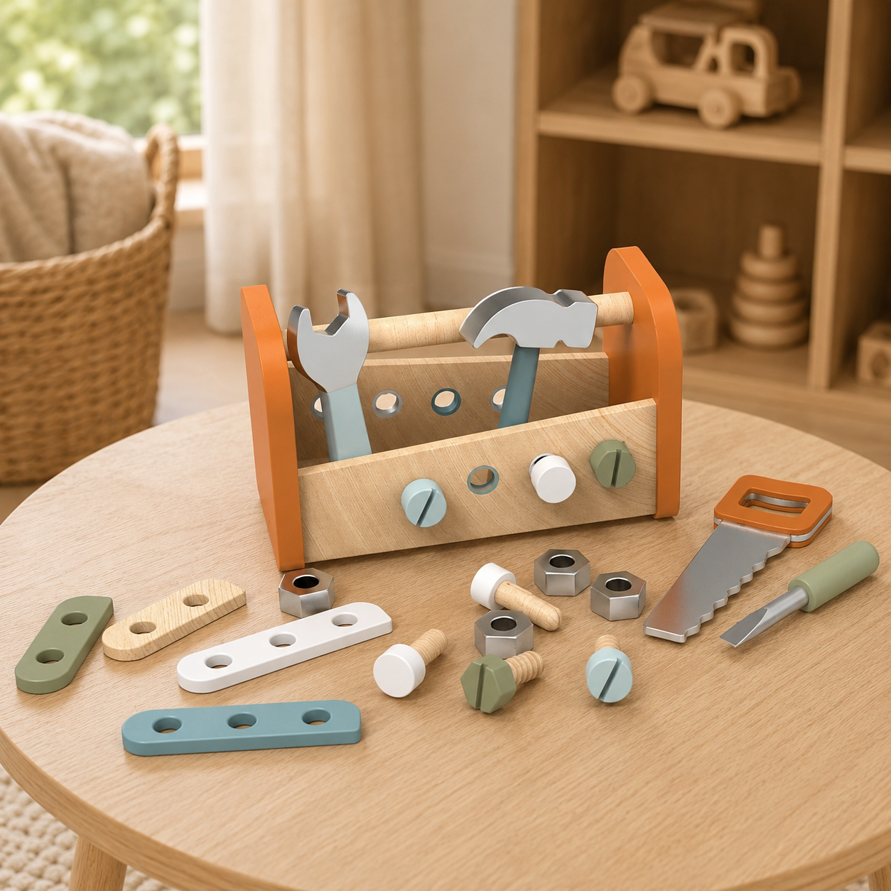 Établi de bricolage enfant en bois 2-en-1 Speedy Monkey posé sur une table en bois clair dans une chambre d’enfant douce et lumineuse.