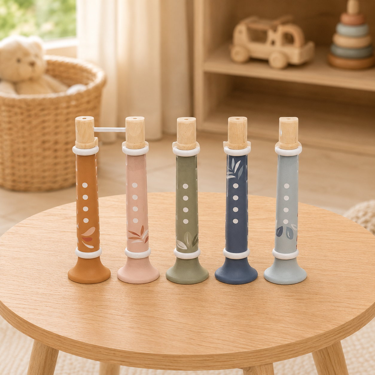 Trompettes enfant en bois Speedy Monkey posées sur une table en bois clair dans une chambre d’enfant douce et lumineuse.